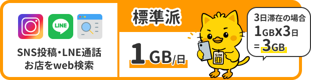 標準派：1GB/日 SNS投稿・LINE通話、お店をweb検索。3日滞在の場合は1GB×3日＝3GB